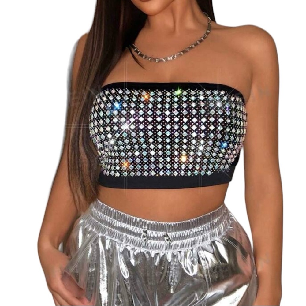 SXY Street Club Sexy See-Through High Stretch Shiny Square
Rhinestone Top